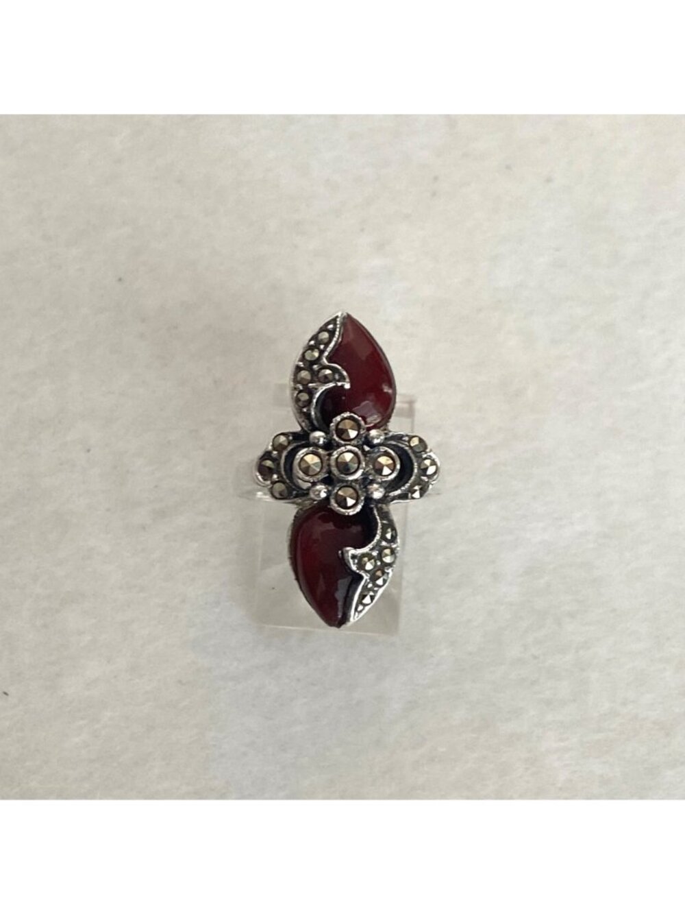Sterling Silver 925 Art Deco Style Marcasite Teardrop Red Glass Ring Sz 5.75 - Picture 14 of 16